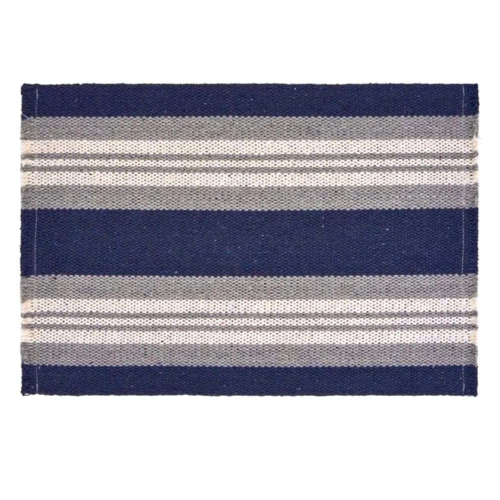 LR HOME 4 Ft. Coastal Cottage Striped Woven Accent Area Rug Navy Blue Grey White